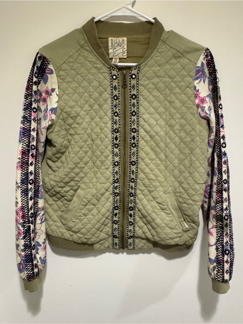 Billabong Sage Quilted Bomber Jacket with Floral Print Sleeves